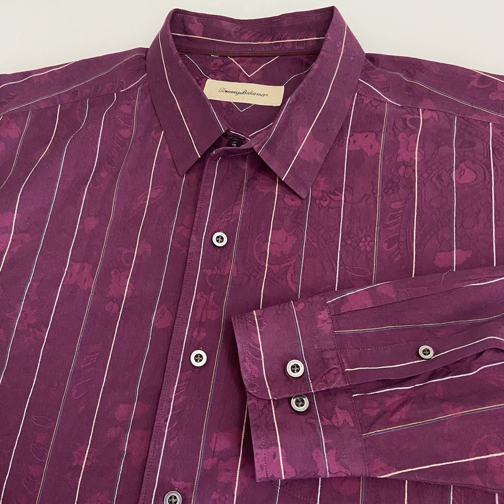 Tommy Bahama Men XL Segrada Stripe Floral Silk Blend Long Sleeve Button Up Shirt